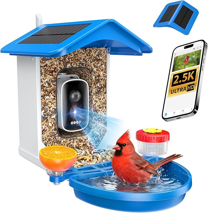 isYoung Smart Bird Feeder with Camera 2.5K QHD, AI Identify 16000+ Birds, Auto-Capture & Motion Detection, IP65 Waterproof, 5W Solar Panel, 140° Field of View, Bird Watching Gift