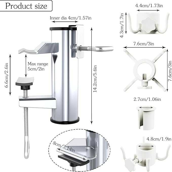 Outdoor Umbrella Clamp, Stainless Steel Deck Umbrella Mount, Adjustable Umbrella Deck Mount with Umbrella Hook Accessory Mount to Picnic Table, Bleachers, Railing (Silver)