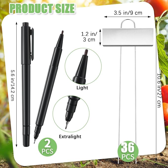 Maitys 38 Pcs Metal Plant Labels Garden Markers Outdoor Weatherproof 10.6 Inch Stainless Steel Nursery Tags Reusable Bulk with Pens for Flower Fruit Vegetable Seedling (Silver Label with Black Ink)