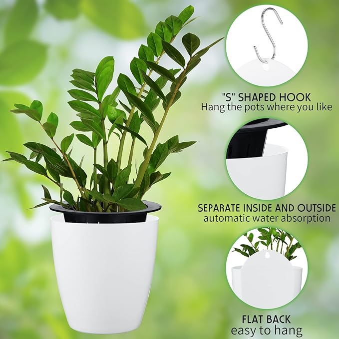 Yungyan 10 Sets 5" Self Watering Hanging Planter White Lazy Flower Pots Plastic Wall Propagation Window Wall Mount Planter with Hooks and Absorbent Cotton Ropes for Indoor Succulent Plants