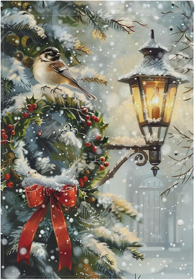 Pfrewn Christmas Winter House Flag 28x40 Double Sided Bird Lamp Berry Wreath Snowy Garden Yard Flags Welcome Winter Outdoor Indoor Banner for Party Home Merry Christmas Xmas Decorations