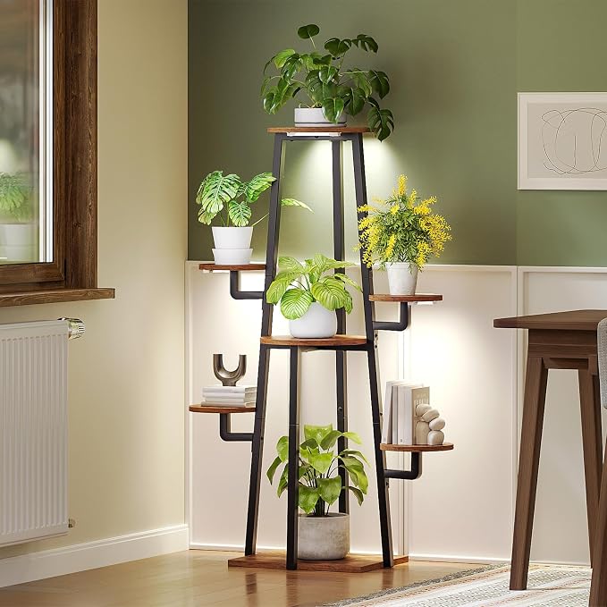HOOBRO Plant Stand Indoor with Grow Lights, 7-Tier Plant Shelf for Multiple Indoor Plants, 47.2" Corner Plant Stand Organizer with Metal Frame, for Living Room, Balcony, Patio, Rustic Brown BF04DHJ01