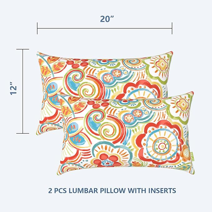 LVTXIII Outdoor/Indoor Lumbar Pillows, Decorative Patio Lumbar Cushions, Fluffy Water Repellent Garden Cushions for Home Patio Coach Sofa Use, 12×20 Inch, Pack of 2, Flower Multi