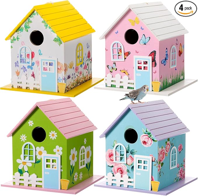 DoubleFill 4 Pcs Summer Wooden Bird Houses for Outside, Bluebird House, Hanging Nesting Box for Sparrow, Chick adee, Hummingbird Wren Cardinal Swallow Sparrow Finch