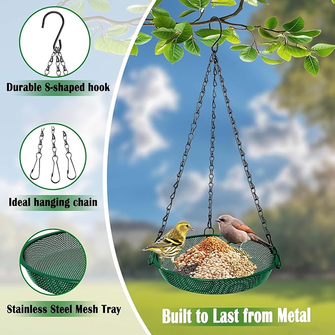 Hanging Bird Feeder for Outdoors – 9 in Metal Mesh Bird Feeder Tray Platform for Small Wild Birds, Green