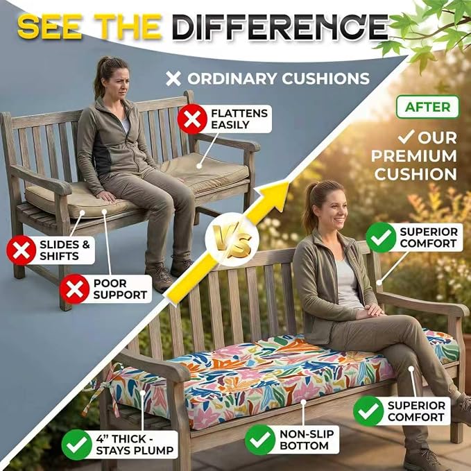 Outdoor Bench Cushion, Tufted Patio Seat Pad for Garden Bench, Porch Swing, Indoor/Outoor Furniture (Multi Color Print, 48X18X4 inch)