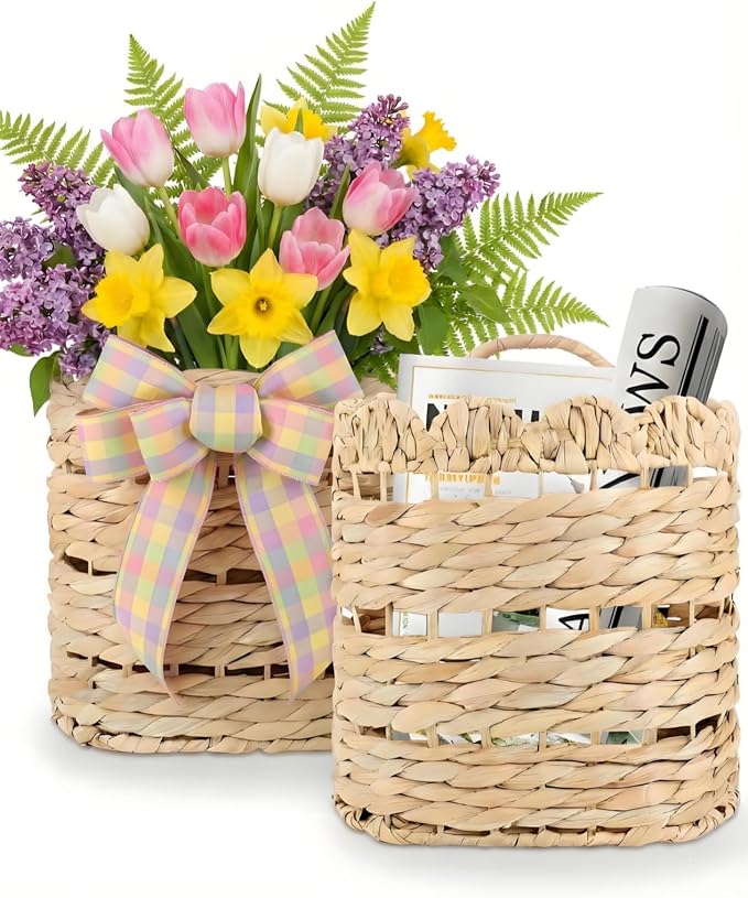 AceList Handwoven Wall Hanging Basket for Front Door, Kitchen, Entryway or Porch – Rustic Decorative Storage Basket for Seasonal Flowers and Gifts