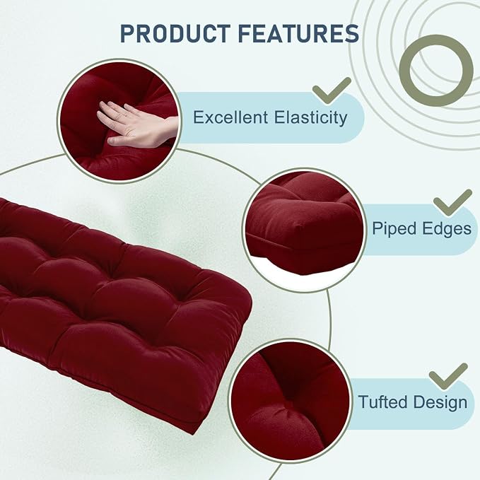 downluxe Outdoor Bench Cushion for Patio Furniture, Water Resistant Tufted Overstuffed Porch Swing Cushions, Thick Outdoor Loveseat Cushions, 59" x 18" x 5", Burgundy, Set of 1