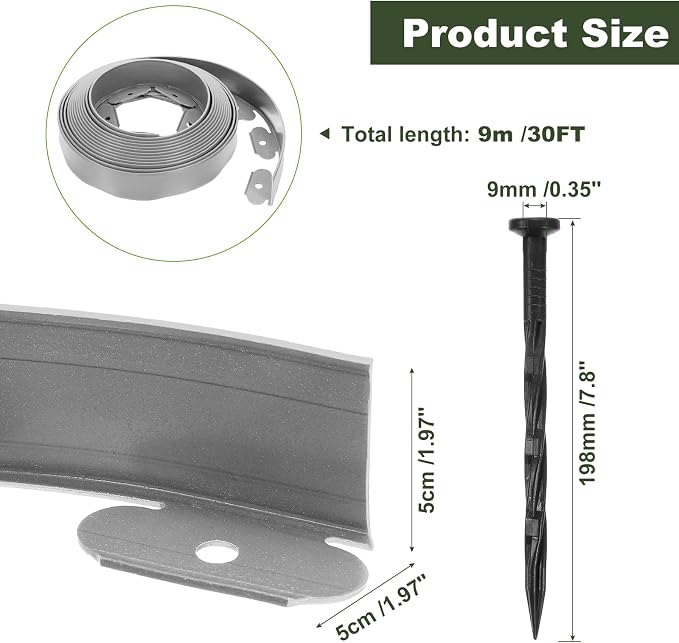 uxcell Landscape Edging, 1Pcs 30FT x 2" - Garden Edging Kit with 27 Stakes, Landscape Edging Border for Garden Lawn Flower Bed Yard Grass (Grey)