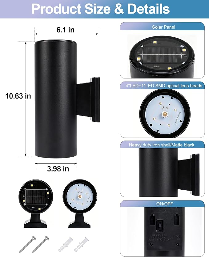 pearlstar 2 Pack Solar Wall Lights Outdoor Dusk to Dawn Solar Sconces Lights, Up & Down Warm White Glow IP65 Waterproof Wall Mount Lamp for Outside Garage Fence Patio Porch Yard