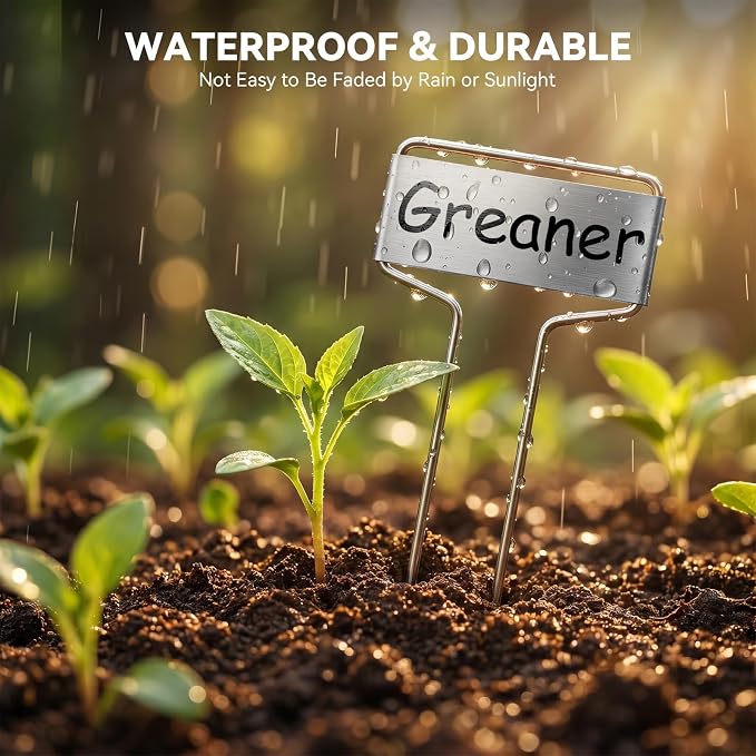Greaner 10 Inch High Plant Tags, 30 Packs Garden Markers Waterproof with Permanent Pen and Rainproof Pet Films, Metal Plant Labels for Potted Plants Flowers Herbs Vegetables(2.6" x 10", Silver)