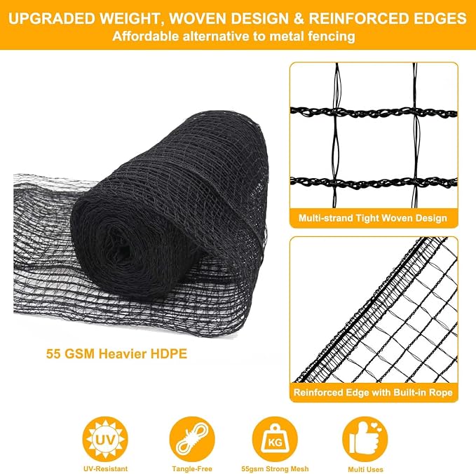 Plastic Mesh Fence 55gsm Thicker Heavy Duty Deer Fence - 4x75ft Black Plastic Fencing Roll Temporary Garden Fence Netting for Yard Protection from Deer Dog Chicken Critter Barrier, Reinforced Edges