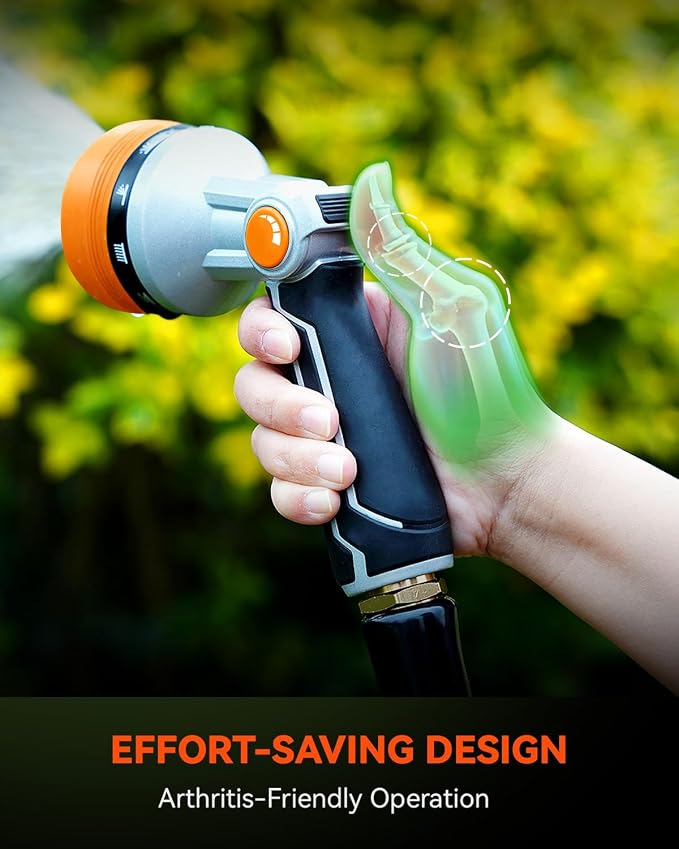 RAINPOINT Full-Metal Garden Hose Nozzle, Heavy Duty Water Hose Nozzle Sprayer With 10 Adjustable Patterns & High Flow,Thumb Control For Flow Adjustment, Ideal For Watering, Washing, Cleaning,Orange
