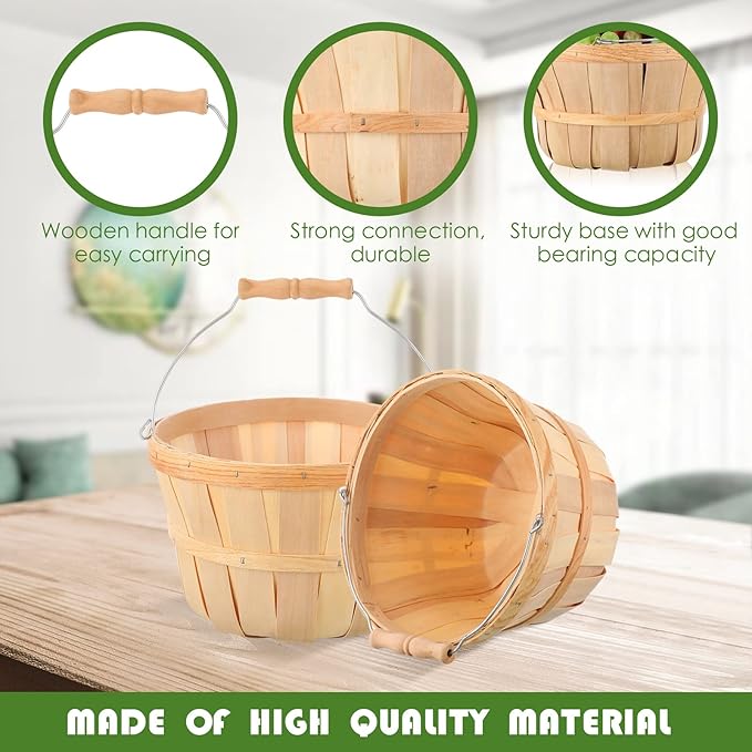 4 Pcs 6 Inch Tall by 9.5 Inch Diameter Round Wooden Baskets, Harvest Basket Garden Basket Food Service Display Baskets Wood Fruit Buckets with Handle for Party Favors Storage Organizing (Wood Color)