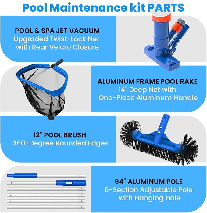 Poolvio Pool Cleaning Kit with Spa Jet Vacuum Cleaner, 8-Foot Pole, Leaf Rake Net & Round Brush for Inflatable and Above-Ground Pools
