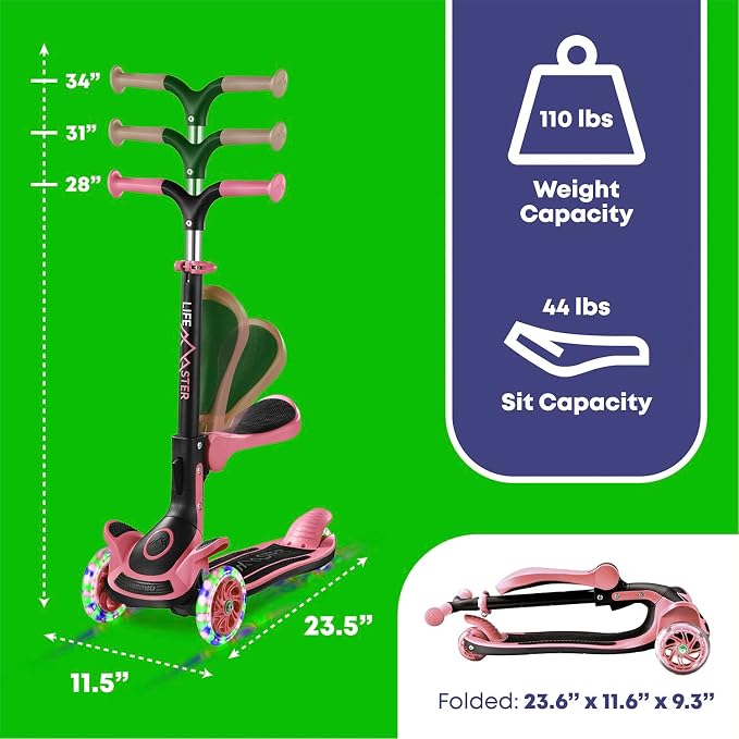 3 Wheel Scooter for Kids with Foldable Seat, Adjustable Handlebar Height, Lean-to-Steer Ride On Toy for Kids Ages 2+, Light-Up LED Wheels, Wide Anti Slip Deck, Indoor & Outdoor Use