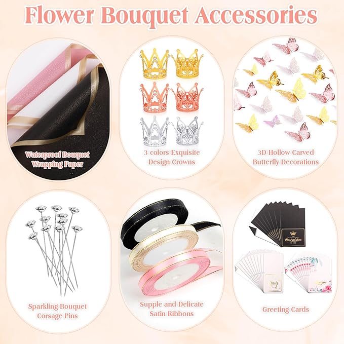 Tetutor 241 pcs Waterproof Flower Wrapping Paper,Bouquet Wrapping Paper Sheets, Floral Wrapping Paper Bouquet With Ribbons Flower Pins 3D Butterflies and Crowns for Florist Wrap