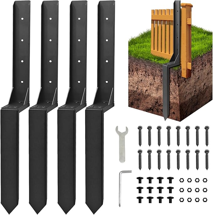 Fence Post Repair Kit, Thickened Heavy Duty Fence Post Anchor Stakes for Repair Tilted, Broken Wood Posts Support (Black, 4 Pack)