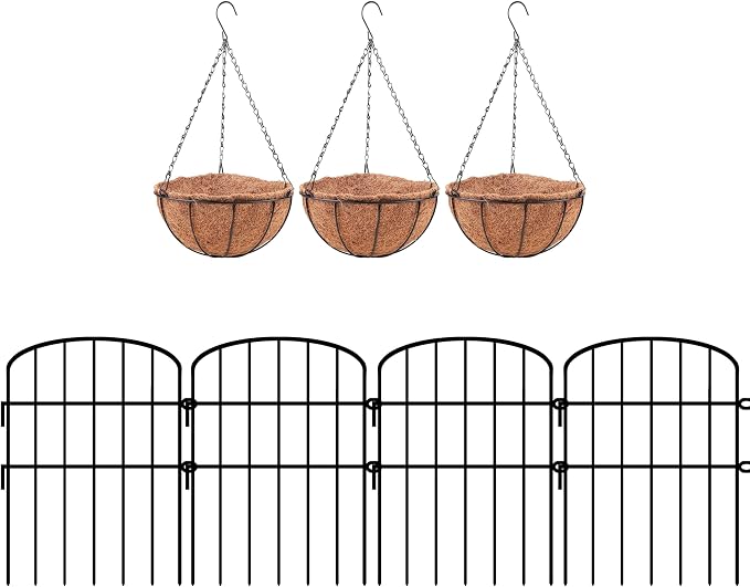 LaLaGreen Bundle- 3 Pack, 12 Inch Hanging Basket with Coco Liner + 10 Pack, 16.5 Inch Decorative Garden Fence Outdoor Landscape Edging Metal Wire Round Flower Holder Balcony Porch Patio Garden Decor