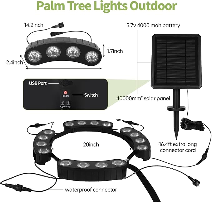 Sublume Solar Tree Lights Outdoor, Upgraded Landscape Lighting with 4000mAh Battery, Warm White LED Ring Palm Tree Lights, 3-in-1 (Stake/Tie/Hang), IP65 Waterproof Spotlights for Flag Pole, Garden