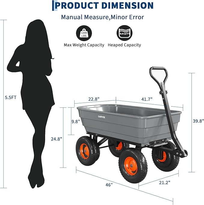 GarveeLife Poly Garden Dump Cart, 1200 lb Wheelbarrow Yard Cart with 13 in Wheels, Quick-Dump & Towable Utility Wagon for Yard, Soil, Rocks（Gray）