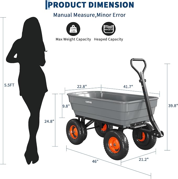 Garvee Poly Garden Dump Cart, Heavy Duty 1200lbs Wheelbarrow Yard Cart Dump Wagon with 13”All Terrain Wheels, Garden Utility Wagon with Quick Release System& Convertible Handle Attach to ATV (Gray)