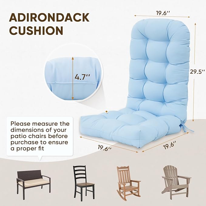 COOS BAY High Back Adirondack Chair Cushions for Outdoor Furniture, 49x20x5 in Water-Resistant Thick Tufted Patio Chair Cushions with Secure Straps, Set of 1, Aqua Blue