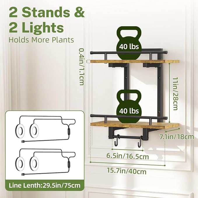 iDavosic.ly Wall Plant Holder with Grow Lights Set of 2, 2 Tier Indoor Floating Shelves with 4 Hooks for Hanging Plants, Wall Mounted Space Saving Display Stand (Pots/Chains Not Included)