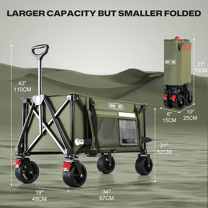 Overmont Collapsible Wagon Cart with Wheels - 180L Foldable Heavy Duty Wagon with Big All-Terrain Wheels - 360Lbs Weight Capacity with Side Pockets for Camping Sports Garden Grocery Shopping Green