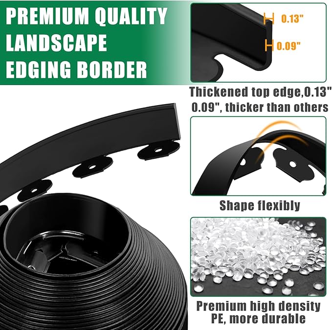 Landscape Edging Border - 1.5”x100’ Garden Edging Border with 130 Stakes, No Dig Lawn Edging for Landscaping for Garden Bed, Thickened Top Edge Flexible Flower Bed Border Edging for Outdoor