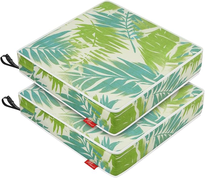 Patio Chair Cushions 22x22 Inch, Water Repellent Outdoor Seat Cushions with Adjustable Straps, Fade Resistant Replacement Cushions for Garden Deck Sofa Couch, Set of 2, Green Leaf