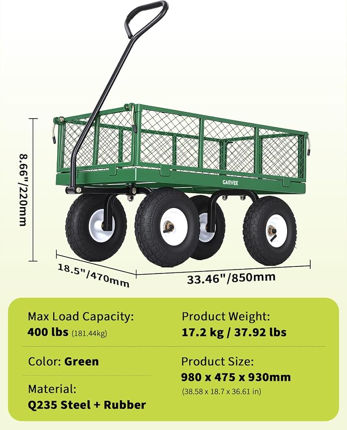 Garvee Versatile Outdoor Utility Cart - 400LBS Heavy-Duty, 10" All-Terrain Pneumatic Tires, Easy Maneuverable Lawn Cart with Removable Mesh Panels for Gardening & Landscaping, Green