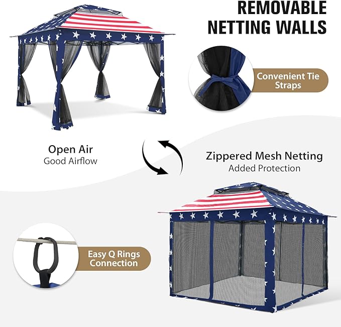 COOS BAY Pop up Gazebo 11x11, Instant Canopy Tent with Mesh Netting, Patio Gazebo with 121 Square Feet of Shade, 4 Weight Bags Included, American Flag