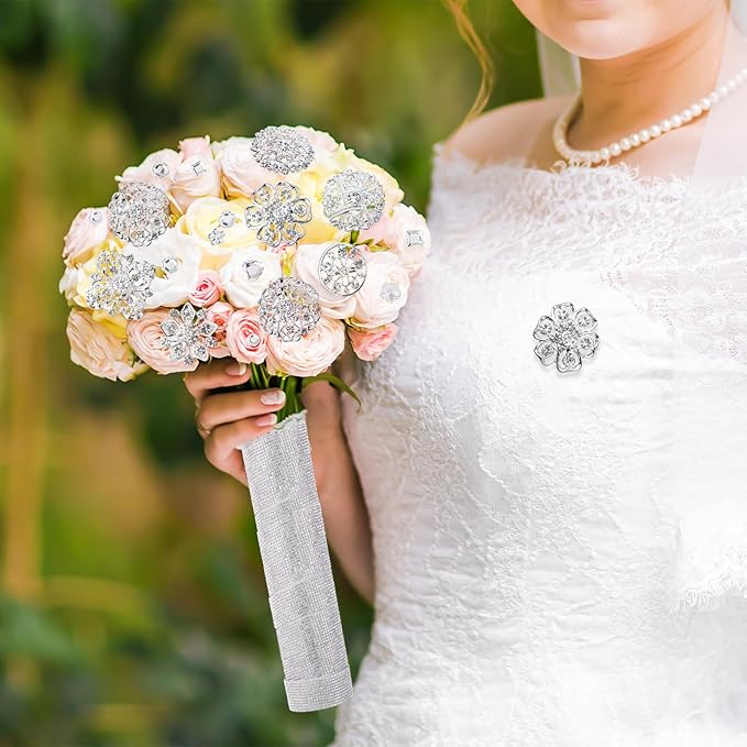 Quelay 141 Pcs Bouquet Pins Flower Brooch Wedding Bouquet Kit Self Adhesive Crystal Rhinestone Ribbon Bling Jewels Stickers for Wedding Birthday DIY Art Crafts Decoration Supplies