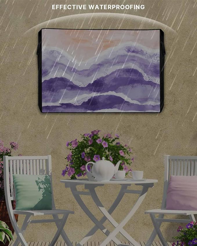 Outdoor TV Cover for Outside Flat Screen,Boho Purple Ombre Sea Wave 600D Thick Waterproof Weatherproof Outdoor TV Screen Protector with Zipper for 40 to 43 Inch Flat Screens Ocean Beach Coastal Scene