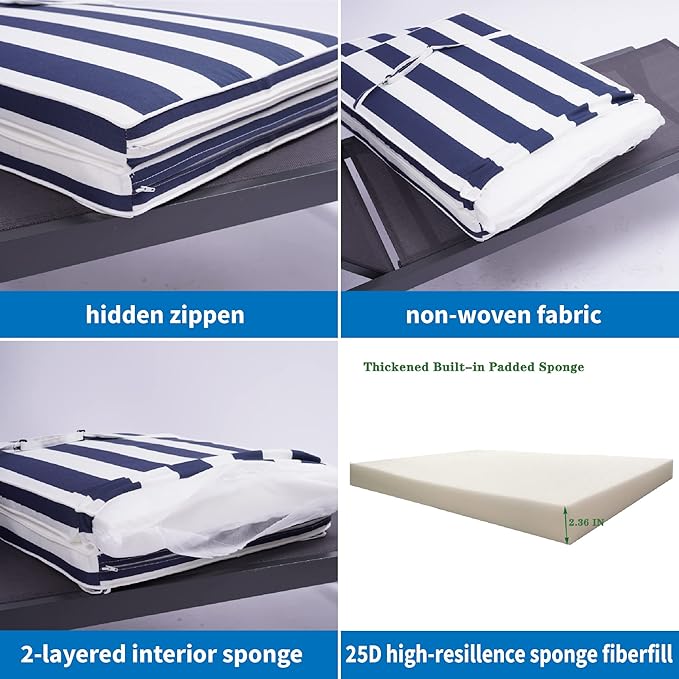 Only choice 2 Pcs Set Outdoor Lounge Chair Cushions Patio Chaise Lounge Replacement Cushions Furniture Seat Cushions (Blue+White Stripes-2 pcs)