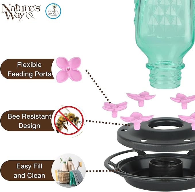 Nature’s Way Dewdrop Column Antique Teal Glass Gravity Hummingbird Feeder with Ant Moat, 23 Ounce Capacity, 6 Flexible Pink Lilac Flower Ports, Continuous Perch Ring, Easy-Clean Pewter Plastic Base