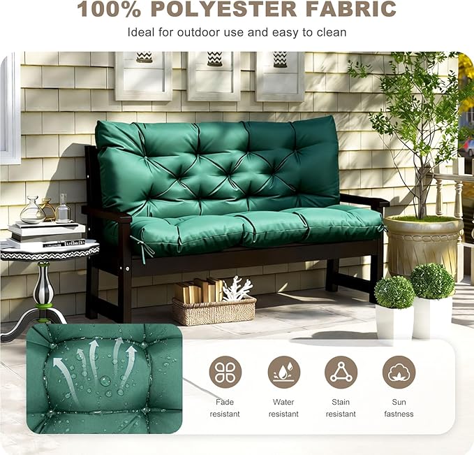 Porch Swing Cushion with Backrest,Waterproof Bench Cushion for Outdoor Furniture,2-3 Seater Replacement Thickened Swing Cushion with Ties,Patio,Outdoor,Backyard and Garden (Dark Green,60x40)