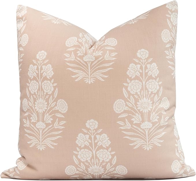 Crumbs Home Modern Farmhouse Fall Linen Indoor Outdoor Throw Pillow Cover Only, 20"x20" Water Repellent for Patio, Backyard, Couch, Ivory Cream Neutral Floral
