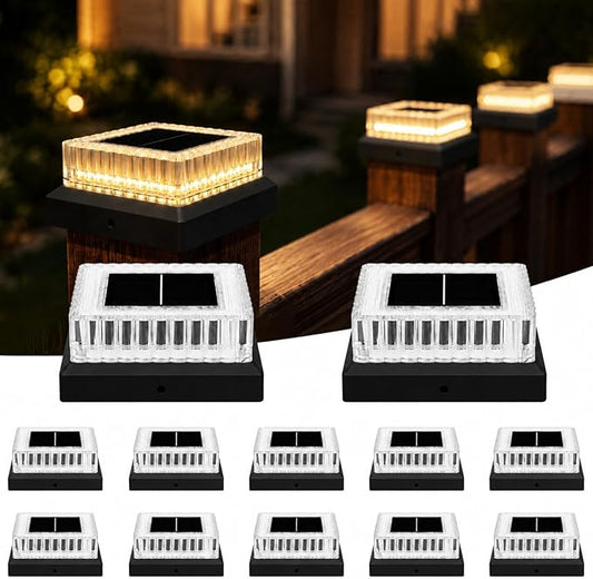 Solar Post Cap Lights Outdoor, 12 Pack Waterproof Fence Post Solar Lights 3000K with Fade-Proof Clear Lampshade Deck Post Lights Fit for 3x3 4x4 5x5 Vinyl/Wood Posts Garden Patio Porch