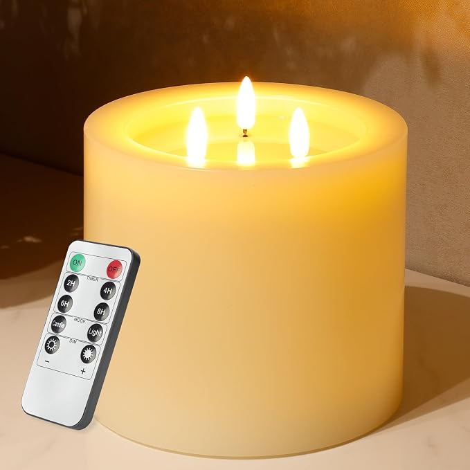 Extra Large Flameless Candles, 6"x6" Battery Operated Candles with Remote, Real Wax 3 Wick Led Candles with 3D Flickering Flame, Fake Candle for Home Decor (Ivory)