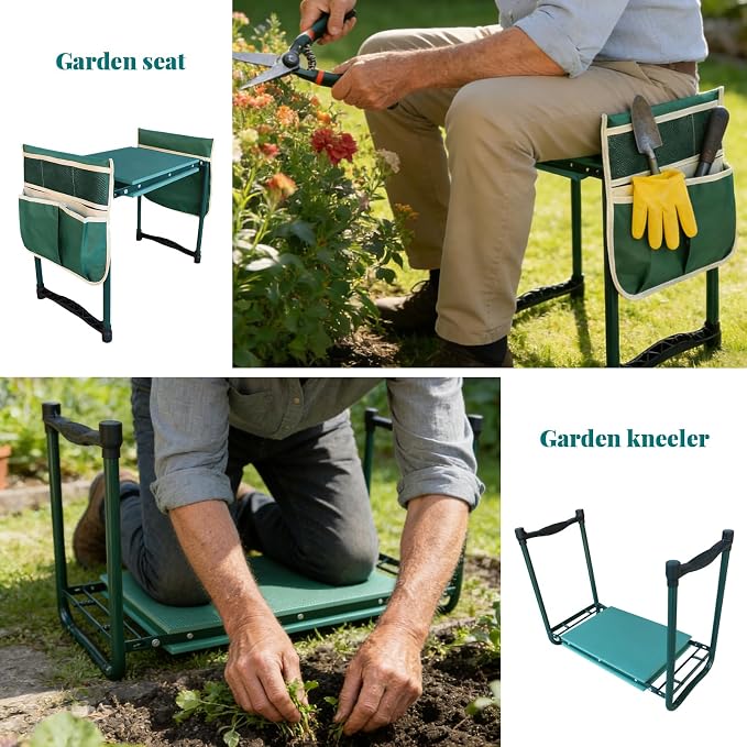 Heavy-Duty Garden Kneeler and Seat with Two Tool Bag Extra-Wide 11.02" Foldable Gardening Stool for Knee & Back Support | Non-Slip, Portable Bench for Women, Men, Seniors, Mom, Dad