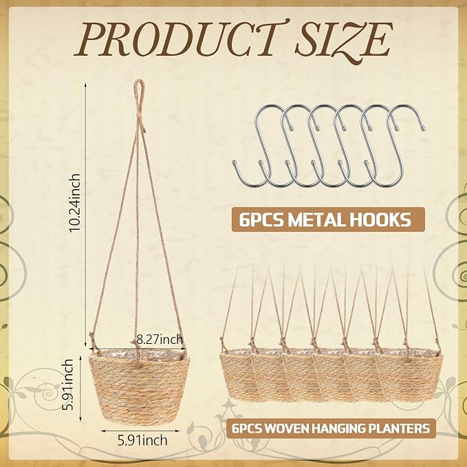 6 Pcs Seagrass Hanging Planter Basket Hand Woven Plant Basket with Plastic Liners Hanging Plant Holder Storage Containers with Cotton Rope for Indoor Garden Decor (Medium,Brown)