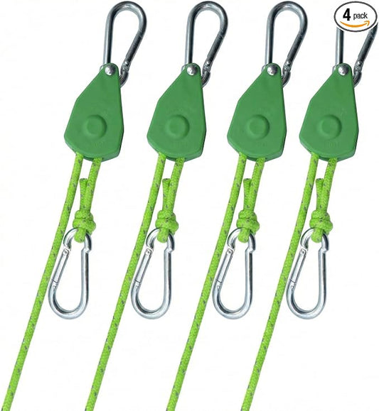 4Pack Retractable Ratchet Tie Down Straps, 13 Ft 1/8” Adjustable Rope Hanger, Heavy Duty Ratcheting Pulley System with 2 Carabiner Hook, for Tent, Hanging Plants, Grow Lights, Trail Green