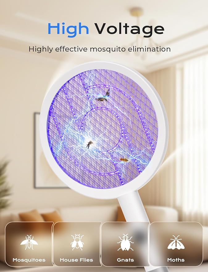 YISSVIC Electric Fly Swatter Bug Zapper Racket 4000V LED Screen Dual Modes Fly Zapper Rechargeable for Indoor Home Office Backyard Patio Camping (White)