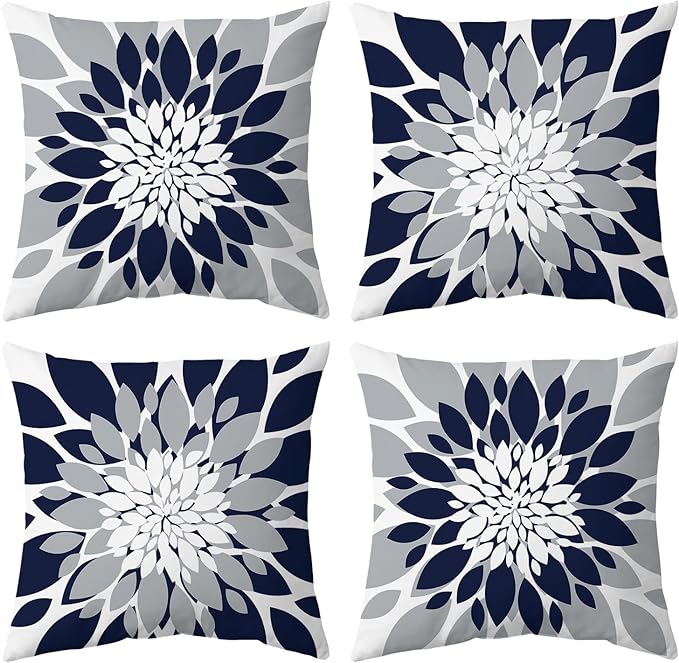 Qahing Pack of 4 Outdoor Waterproof Pillow Covers 18x18 Decorative Outdoor Throw Pillows Garden Square Cushion Cases for Patio Furniture, Couch, Tent Sunbrella, Bench, Navy Blue Grey