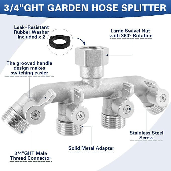 4 Way Garden Hose Splitter, 304 Stainless Steel Outdoor Faucet Splitter with 4 Individual Shut Off Valves, 3/4" GHT High Flow Hose Bib Spigot Connector