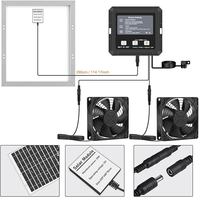 25W Solar Exhaust Fan with Battery, Solar Powered Fan for Shed & Greenhouse, 3 Modes Controller (Continuous/Timer/Motion Sensor), For Intake or Exhaust Vent Cooling for Chicken Coop, Dog House
