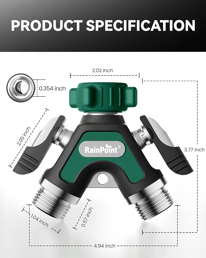 RAINPOINT Garden Hose Splitter 2 Way, All Metal Heavy Duty Water Hose Y Splitter With 2.05" Extra Long Side Handle & Shut Off Valves, 3/4 Inch GHT Thread Connector For Spigot Faucet (Dark Green)
