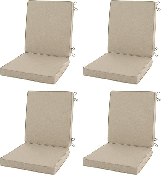 Outdoor Chair Cushions, Water-Resistant & Fade-Resistant, Patio Furniture Lawn Dining Chair Seat Replacement with Mid Back, Ties Zipper, Removable Cover, 18 x 16.5 Inch, Set of 4, Natural